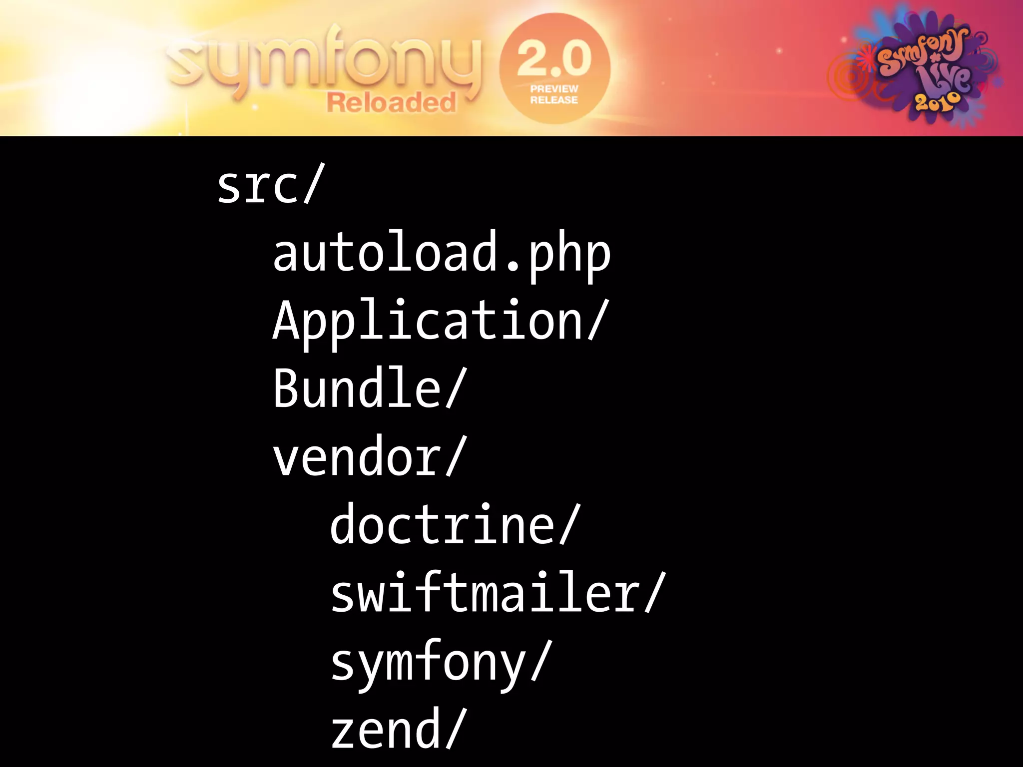 src/
  autoload.php
  Application/
  Bundle/
  vendor/
     doctrine/
     swiftmailer/
     symfony/
     zend/
 