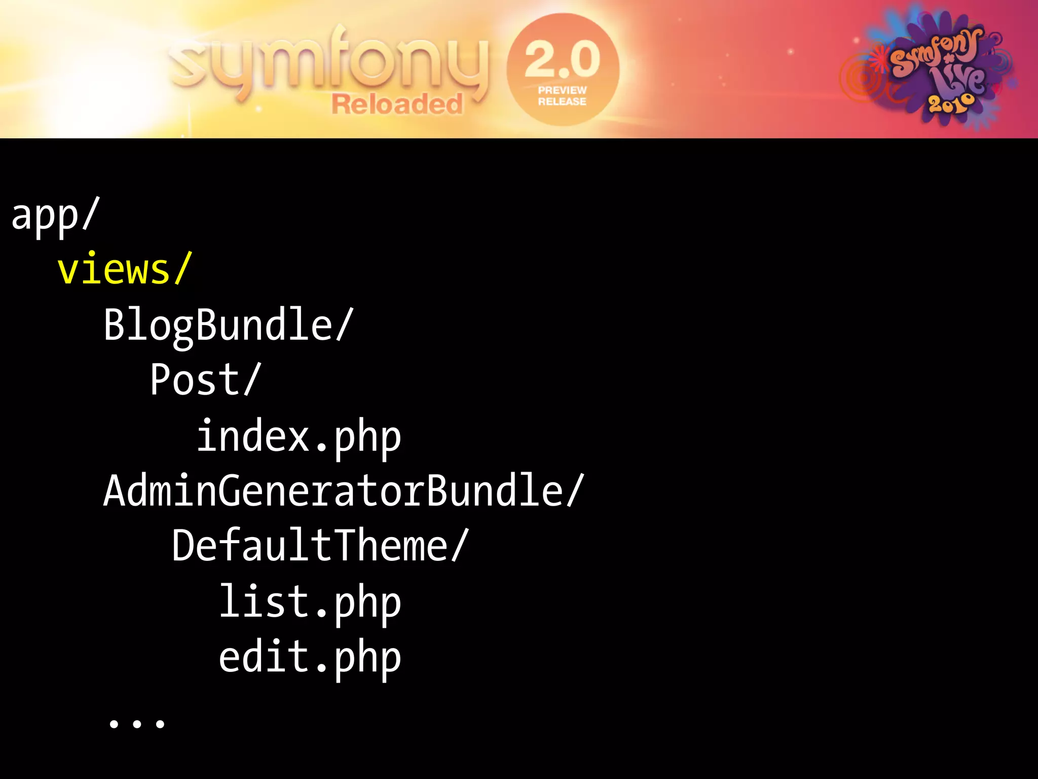 app/
  views/
     BlogBundle/
       Post/
          index.php
     AdminGeneratorBundle/
         DefaultTheme/
           list.php
           edit.php
     ...
 
