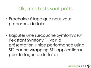 Ok, mes tests sont prêtsProchaine étape que nous vous proposons de faireRajouter une surcouche Symfony2 sur l’existant Symfony 1 (voir la présentation « nice performance using Sf2 cache wrapping Sf1 application » pour la façon de le faire)