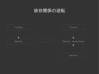 依存関係の逆転


Client              Client




Server         Server Interface




                    Server




           
 