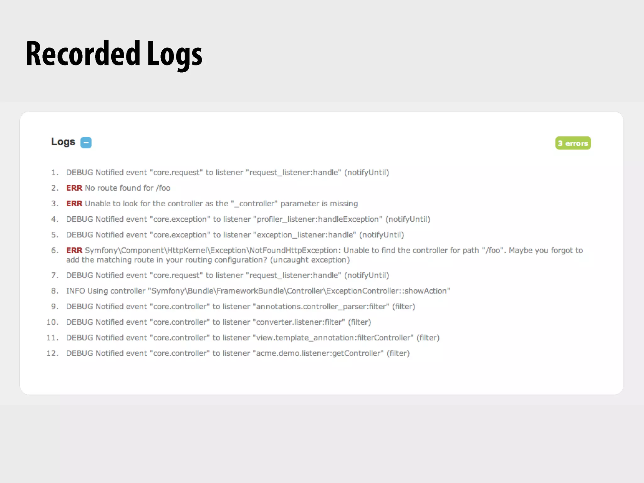classDefaultControllerextends Controller{/*** @Route(    *     "/{year}/talk/{month}/{day}/{slug}",      *     requirements={     *         "year"="\d{4}",     *         "month"="\d{2}",    *         "day"="\d{2}"     *     }    * )     * @Template()     */public functionshowAction($slug, $day, $month, $year){// ...    }}