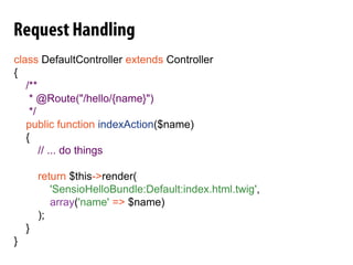 Symfony2 Philosophy« Basically, Symfony2 asksyou to convert a Requestinto a Response »