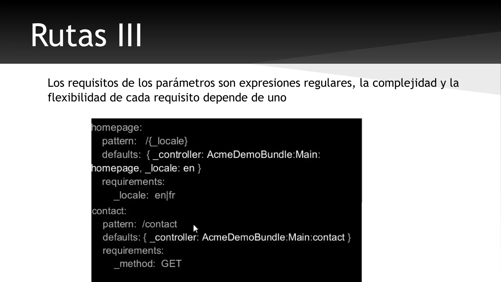 Rutas III 
Los requisitos de los parámetros son expresiones regulares, la complejidad y la 
flexibilidad de cada requisito depende de uno 
 