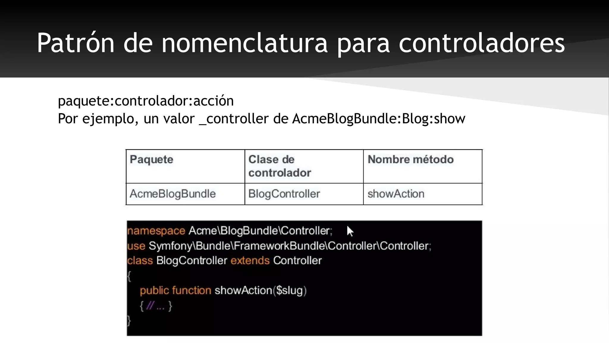 Patrón de nomenclatura para controladores 
paquete:controlador:acción 
Por ejemplo, un valor _controller de AcmeBlogBundle:Blog:show 
 