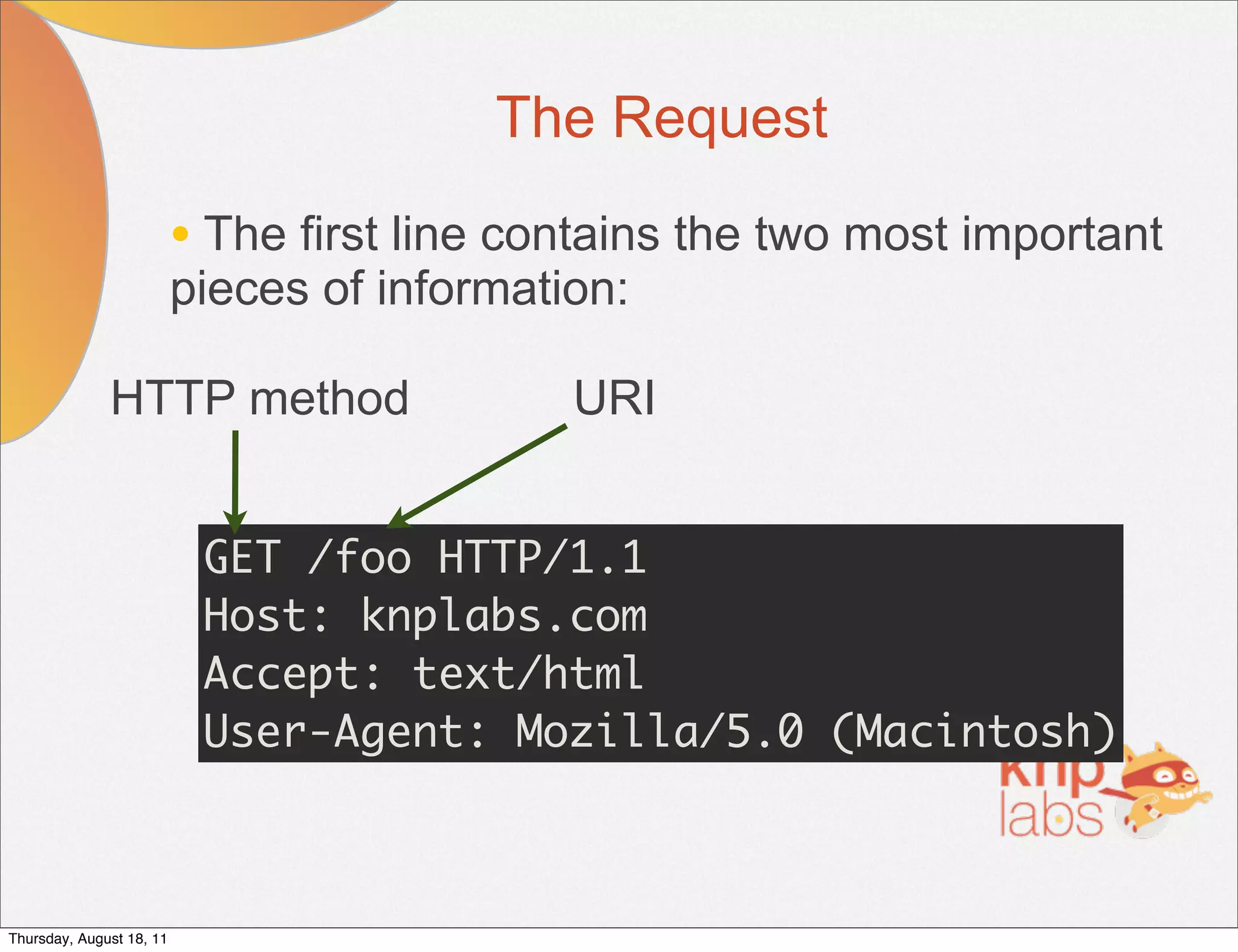 The Request

                          • The first line contains the two most important
                          pieces of information:

              HTTP method                    URI


                           GET /foo HTTP/1.1
                           Host: knplabs.com
                           Accept: text/html
                           User-Agent: Mozilla/5.0 (Macintosh)



Thursday, August 18, 11
 