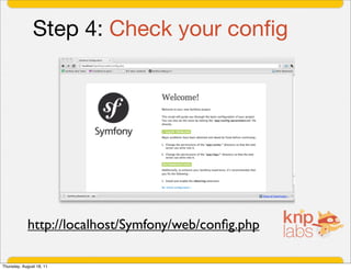 Step 4: Check your conﬁg




            http://localhost/Symfony/web/conﬁg.php

Thursday, August 18, 11
 