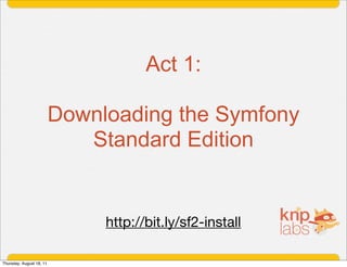 Act 1:

                          Downloading the Symfony
                             Standard Edition


                               http://bit.ly/sf2-install

Thursday, August 18, 11
 