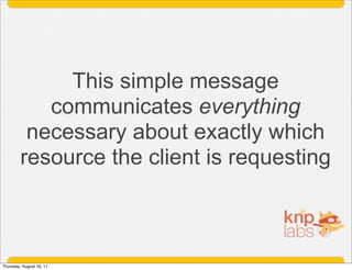 This simple message
            communicates everything
          necessary about exactly which
         resource the client is requesting



Thursday, August 18, 11
 
