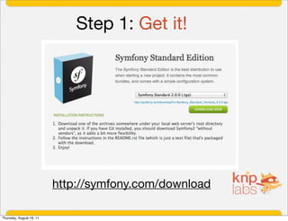 Step 1: Get it!




                          http://symfony.com/download

Thursday, August 18, 11
 