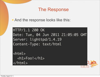 The Response

                    • And the response looks like this:
                     HTTP/1.1 200 OK
                     Date: Tue, 04 Jun 2011 21:05:05 GMT
                     Server: lighttpd/1.4.19
                     Content-Type: text/html

                     <html>
                       <h1>Foo!</h1>
                     </html>


Thursday, August 18, 11
 