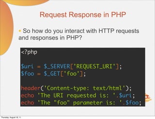 Request Response in PHP

                    • So how do you interact with HTTP requests
                    and responses in PHP?

                      <?php

                      $uri = $_SERVER['REQUEST_URI'];
                      $foo = $_GET['foo'];

                      header('Content-type: text/html');
                      echo 'The URI requested is: '.$uri;
                      echo 'The "foo" parameter is: '.$foo;

Thursday, August 18, 11
 