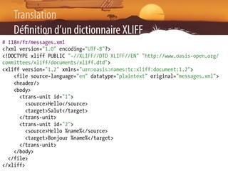 Translation
   Dé nition d’un dictionnaire XLIFF
# i18n/fr/messages.xml
<?xml version="1.0" encoding="UTF-8"?>
<!DOCTYPE x...