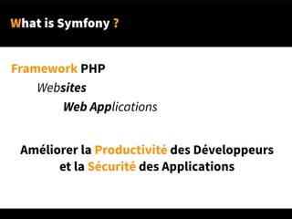 What is Symfony ?
Améliorer la Productivité des Développeurs
et la Sécurité des Applications
Framework PHP
Websites
Web Applications
 
