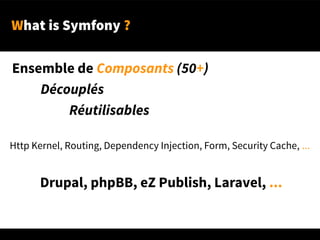 What is Symfony ?
Drupal, phpBB, eZ Publish, Laravel, ...
Ensemble de Composants (50+)
Découplés
Réutilisables
Http Kernel, Routing, Dependency Injection, Form, Security Cache, ...
 