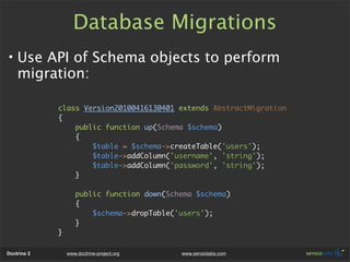 Database Migrations
• Use API of Schema objects to perform
  migration:

             class Version20100416130401 extends ...