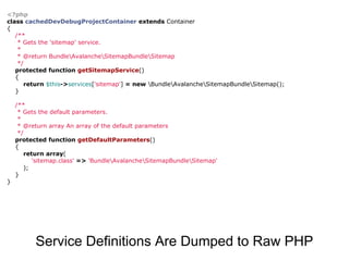 <?php
class cachedDevDebugProjectContainer extends Container
{
   /**
    * Gets the 'sitemap' service.
    *
    * @return BundleAvalancheSitemapBundleSitemap
    */
   protected function getSitemapService()
   {
      return $this->services['sitemap'] = new BundleAvalancheSitemapBundleSitemap();
   }

    /**
     * Gets the default parameters.
     *
     * @return array An array of the default parameters
     */
    protected function getDefaultParameters()
    {
       return array(
          'sitemap.class' => 'BundleAvalancheSitemapBundleSitemap'
       );
    }
}




          Service Definitions Are Dumped to Raw PHP
 