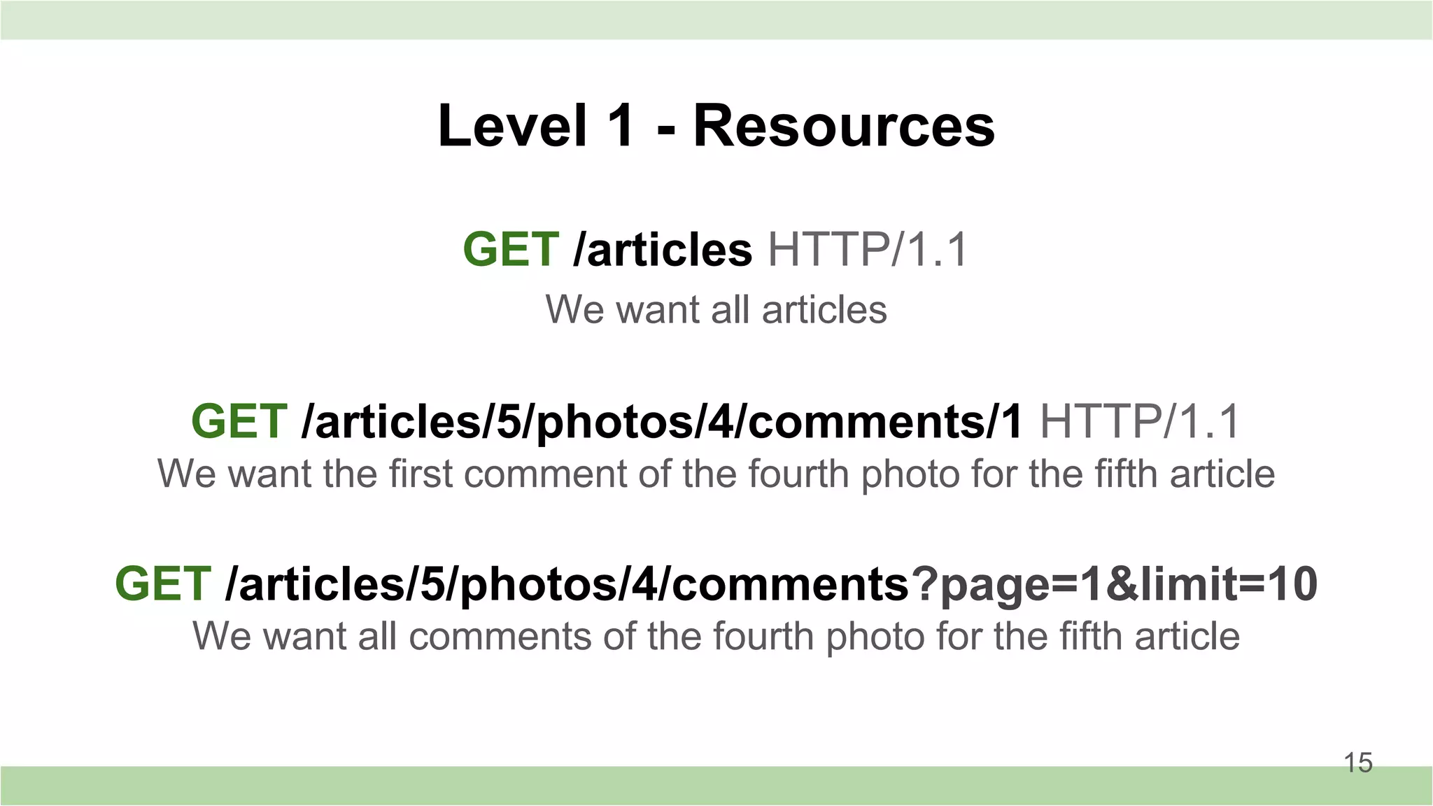 GET /articles HTTP/1.1
We want all articles
GET /articles/5/photos/4/comments/1 HTTP/1.1
We want the ﬁrst comment of the fourth photo for the ﬁfth article
GET /articles/5/photos/4/comments?page=1&limit=10
We want all comments of the fourth photo for the ﬁfth article
Level 1 - Resources
15
 