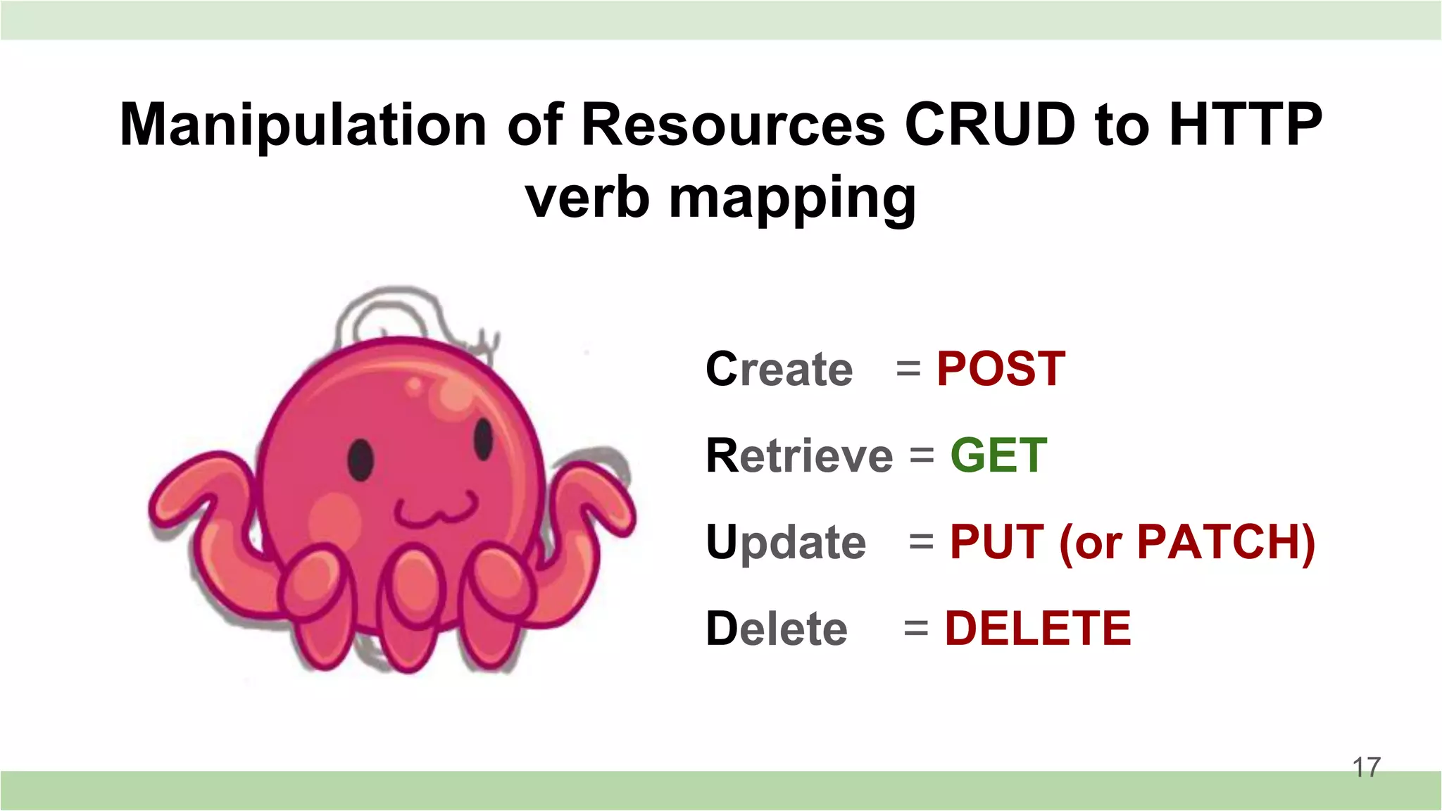 Manipulation of Resources CRUD to HTTP
verb mapping
Create = POST
Retrieve = GET
Update = PUT (or PATCH)
Delete = DELETE
17
 