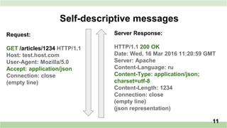 11
Self-descriptive messages
Request:
GET /articles/1234 HTTP/1.1
Host: test.host.com
User-Agent: Mozilla/5.0
Accept: application/json
Connection: close
(empty line)
11
Server Response:
HTTP/1.1 200 OK
Date: Wed, 16 Mar 2016 11:20:59 GMT
Server: Apache
Content-Language: ru
Content-Type: application/json;
charset=utf-8
Content-Length: 1234
Connection: close
(empty line)
(json representation)
 