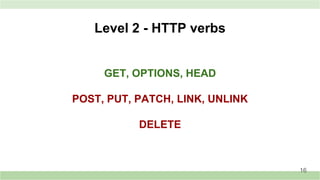 GET, OPTIONS, HEAD
POST, PUT, PATCH, LINK, UNLINK
DELETE
Level 2 - HTTP verbs
16
 