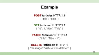POST /articles HTTP/1.1
{ “title”: “Title” }
GET /articles/1 HTTP/1.1
{ “id”: 1, “title”: “Title” }
PATCH /articles/1 HTTP/1.1
{ “title”: “Title - 1” }
DELETE /articles/1 HTTP/1.1
{ “message”: “Article was deleted” }
Example
21
 