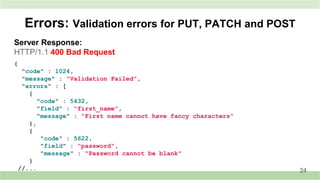 Server Response:
HTTP/1.1 400 Bad Request
Errors: Validation errors for PUT, PATCH and POST
24
{
"code" : 1024,
"message" : "Validation Failed",
"errors" : [
{
"code" : 5432,
"field" : "first_name",
"message" : "First name cannot have fancy characters"
},
{
"code" : 5622,
"field" : "password",
"message" : "Password cannot be blank"
}
//...
 