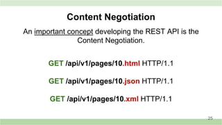 An important concept developing the REST API is the
Content Negotiation.
GET /api/v1/pages/10.html HTTP/1.1
GET /api/v1/pages/10.json HTTP/1.1
GET /api/v1/pages/10.xml HTTP/1.1
Content Negotiation
25
 