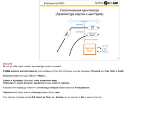 В общем про DDD
13
Гексагональная архитектура
(Архитектура портов и адаптеров)
MQ Service
Aggregate
Root
RESTPort
MQ
Port
Application
Service
Command
Transport
Business Method
 