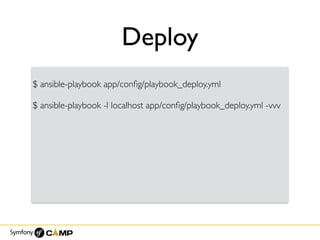 Deploy
$ ansible-playbook app/conﬁg/playbook_deploy.yml
$ ansible-playbook -l localhost app/conﬁg/playbook_deploy.yml -vvv
 