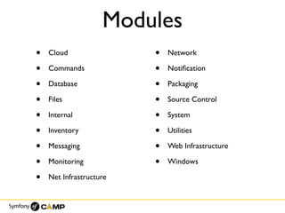 Modules
• Cloud
• Commands
• Database
• Files
• Internal
• Inventory
• Messaging
• Monitoring
• Net Infrastructure
• Network
• Notiﬁcation
• Packaging
• Source Control
• System
• Utilities
• Web Infrastructure
• Windows
 
