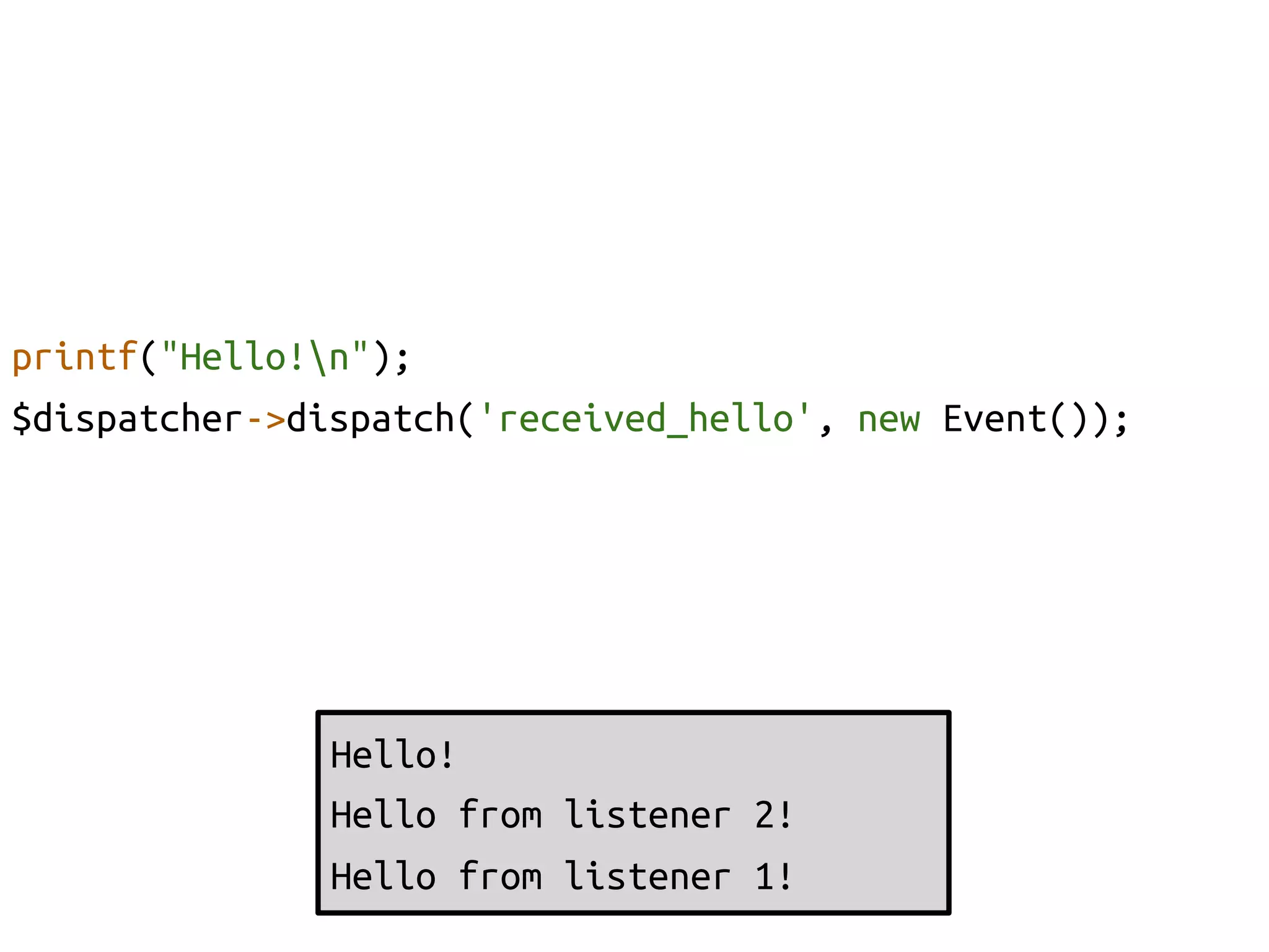 printf("Hello!n");	
$dispatcher->dispatch('received_hello', new Event());	




               Hello!	
               Hello from listener 2!	
               Hello from listener 1!	
               	
 