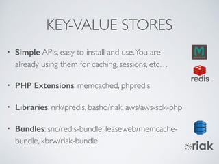 KEY-VALUE STORES 
• Simple APIs, easy to install and use. You are 
already using them for caching, sessions, etc… 
• PHP Extensions: memcached, phpredis 
• Libraries: nrk/predis, basho/riak, aws/aws-sdk-php 
• Bundles: snc/redis-bundle, leaseweb/memcache-bundle, 
kbrw/riak-bundle 
 
