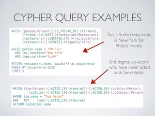 CYPHER QUERY EXAMPLES 
Top 5 Sushi restaurants 
in New York for 
Philip’s friends 
2nd degree co-actors 
who have never acted 
with Tom Hanks 
 