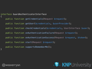 interface GuardAuthenticatorInterface 
{ 
public function getCredentials(Request $request); 
 
public function getUser($credentials, $userProvider); 
 
public function checkCredentials($credentials, UserInterface $user); 
 
public function onAuthenticationFailure(Request $request); 
 
public function onAuthenticationSuccess(Request $request, $token); 
public function start(Request $request);
 
public function supportsRememberMe(); 
} 
@weaverryan
 