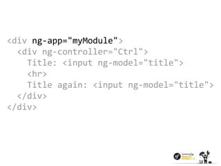 <div ng-app="myModule"> 
<div ng-controller="Ctrl"> 
Title: <input ng-model="title"> 
<hr> 
Title again: <input ng-model="title"> 
</div> 
</div> 
 
