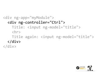 <div ng-app="myModule"> 
<div ng-controller="Ctrl"> 
Title: <input ng-model="title"> 
<hr> 
Title again: <input ng-model="title"> 
</div> 
</div> 
 