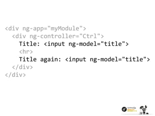 <div ng-app="myModule"> 
<div ng-controller="Ctrl"> 
Title: <input ng-model="title"> 
<hr> 
Title again: <input ng-model="title"> 
</div> 
</div> 
 