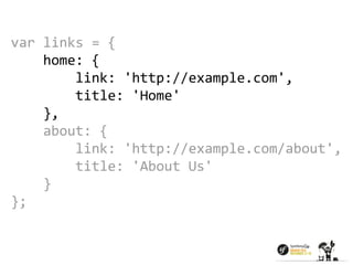var links = { 
home: { 
link: 'http://example.com', 
title: 'Home' 
}, 
about: { 
link: 'http://example.com/about', 
title: 'About Us' 
} 
}; 
 
