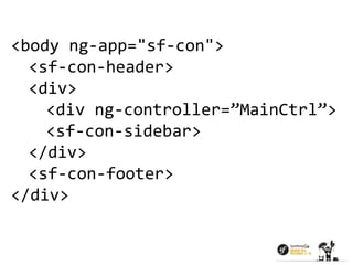 <body ng-app="sf-con"> 
<sf-con-header> 
<div> 
<div ng-controller=”MainCtrl”> 
<sf-con-sidebar> 
</div> 
<sf-con-footer> 
</div> 
 
