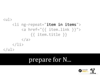 <ul> 
<li ng-repeat="item in items"> 
<a href="{{ item.link }}"> 
{{ item.title }} 
</a> 
</li> 
</ul> 
prepare for N... 
 