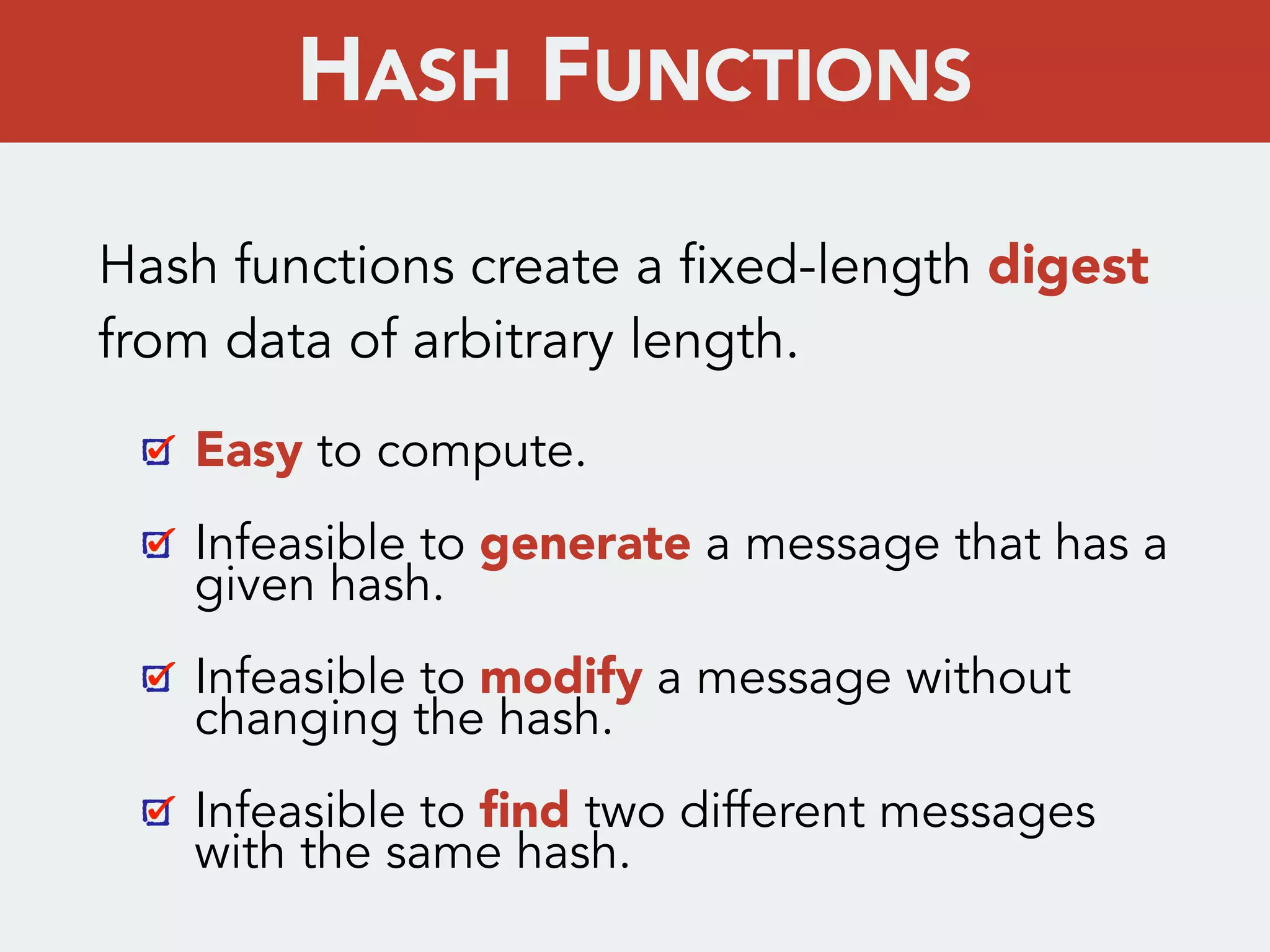Hash functions create a fixed-length digest
from data of arbitrary length.
Easy to compute.
Infeasible to generate a message that has a
given hash.
Infeasible to modify a message without
changing the hash.
Infeasible to ﬁnd two different messages
with the same hash.
HASH FUNCTIONS
 