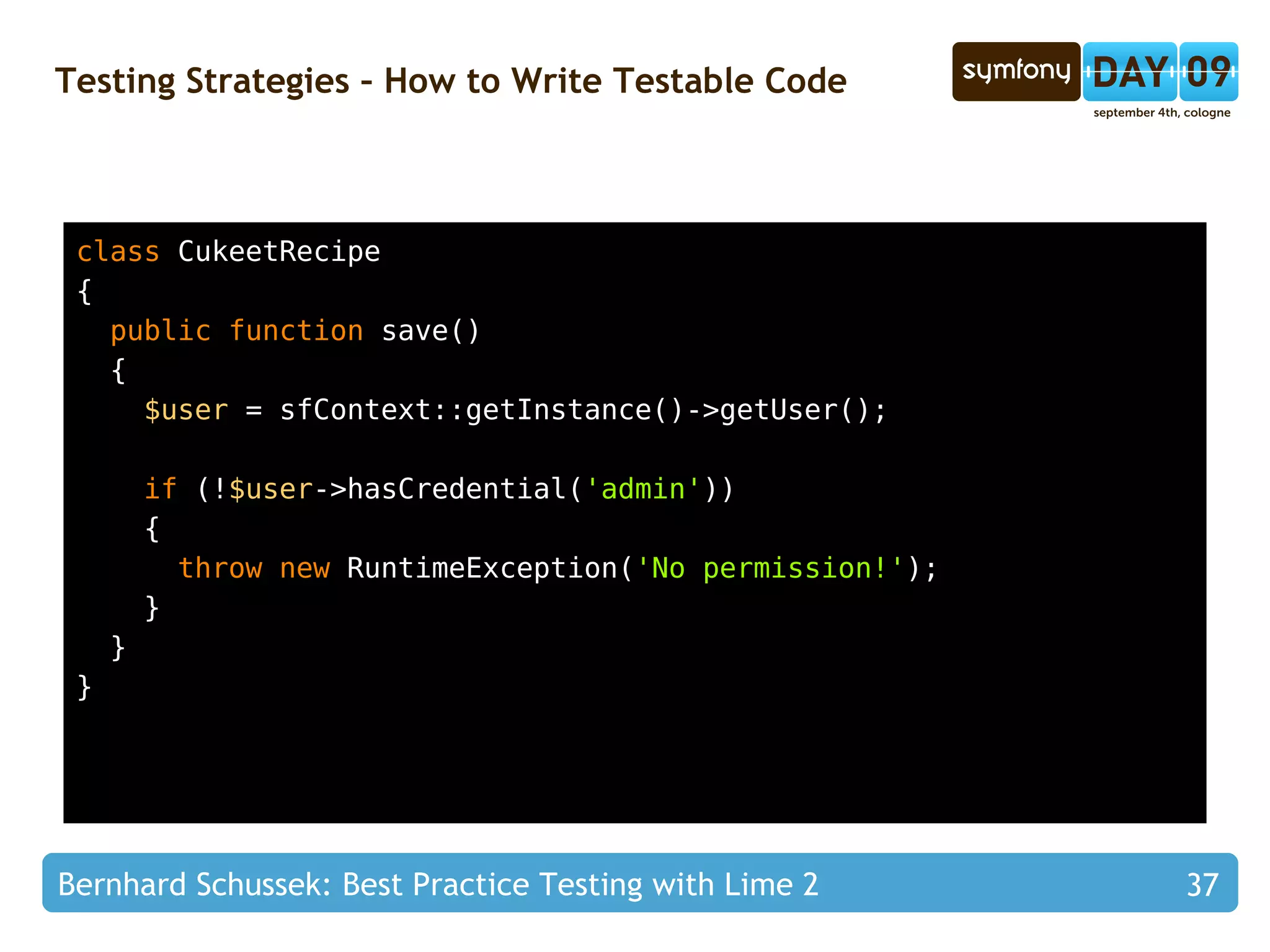 Testing Strategies – 4 Phase Test // @Test: resize() resizes the thumbnail copy( 'data/fixtures/test.png' ,  'web/uploads/test.png' ); $thumbnail  =  new  CukeetThumbnail( 'web/uploads/test.png' ); $thumbnail ->resize( 100 ,  100 ); $size  = getimagesize( $thumbnail ->getPath()); $t ->is( $size ,  array ( 100 ,  100 ),  'The image has been resized' ); unlink( 'web/uploads/test.png' ); unset( $thumbnail ); Fixture Setup 