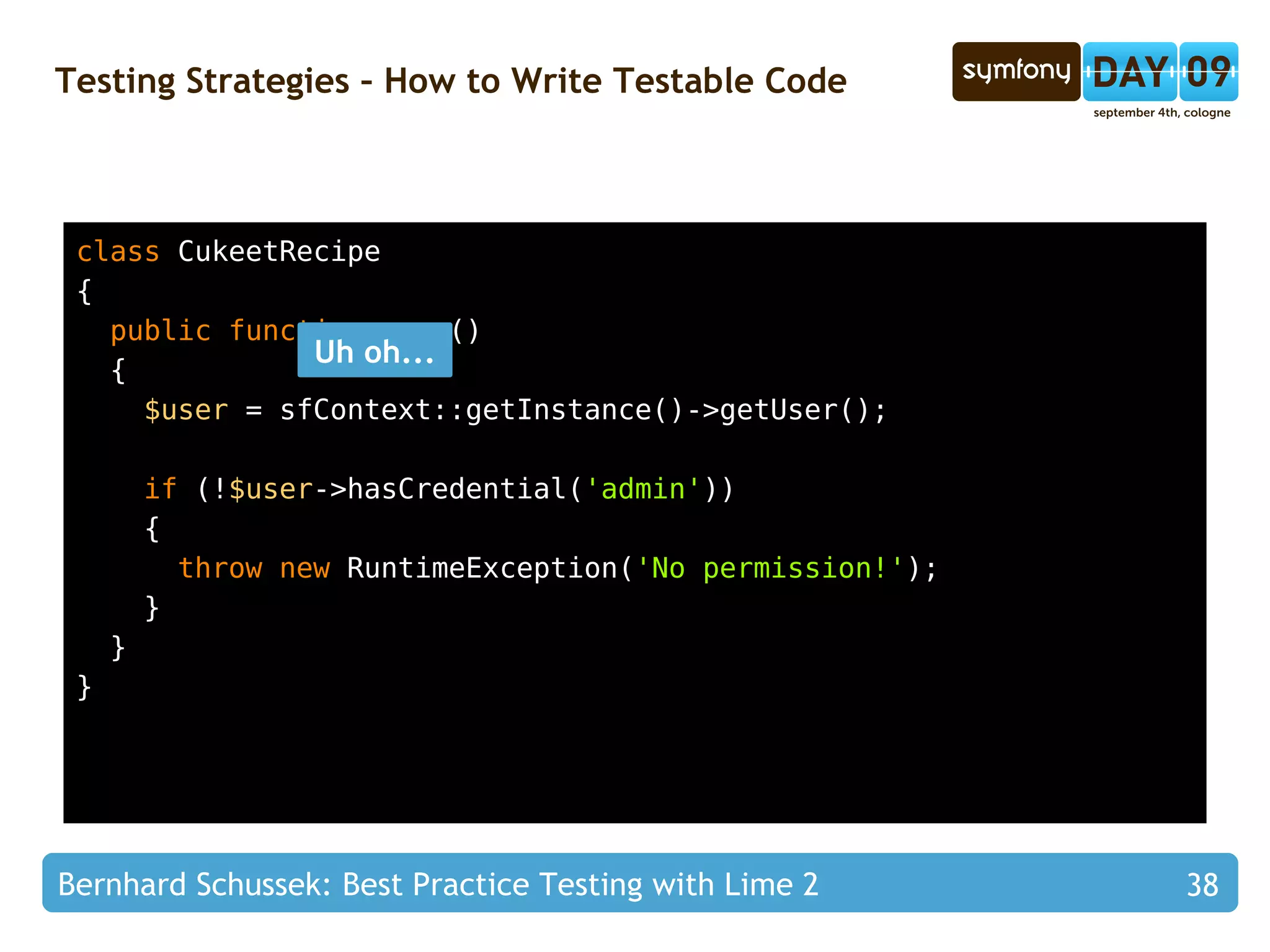 Testing Strategies – 4 Phase Test // @Test: resize() resizes the thumbnail copy( 'data/fixtures/test.png' ,  'web/uploads/test.png' ); $thumbnail  =  new  CukeetThumbnail( 'web/uploads/test.png' ); $thumbnail ->resize( 100 ,  100 ); $size  = getimagesize( $thumbnail ->getPath()); $t ->is( $size ,  array ( 100 ,  100 ),  'The image has been resized' ); unlink( 'web/uploads/test.png' ); unset( $thumbnail ); Test Execution 