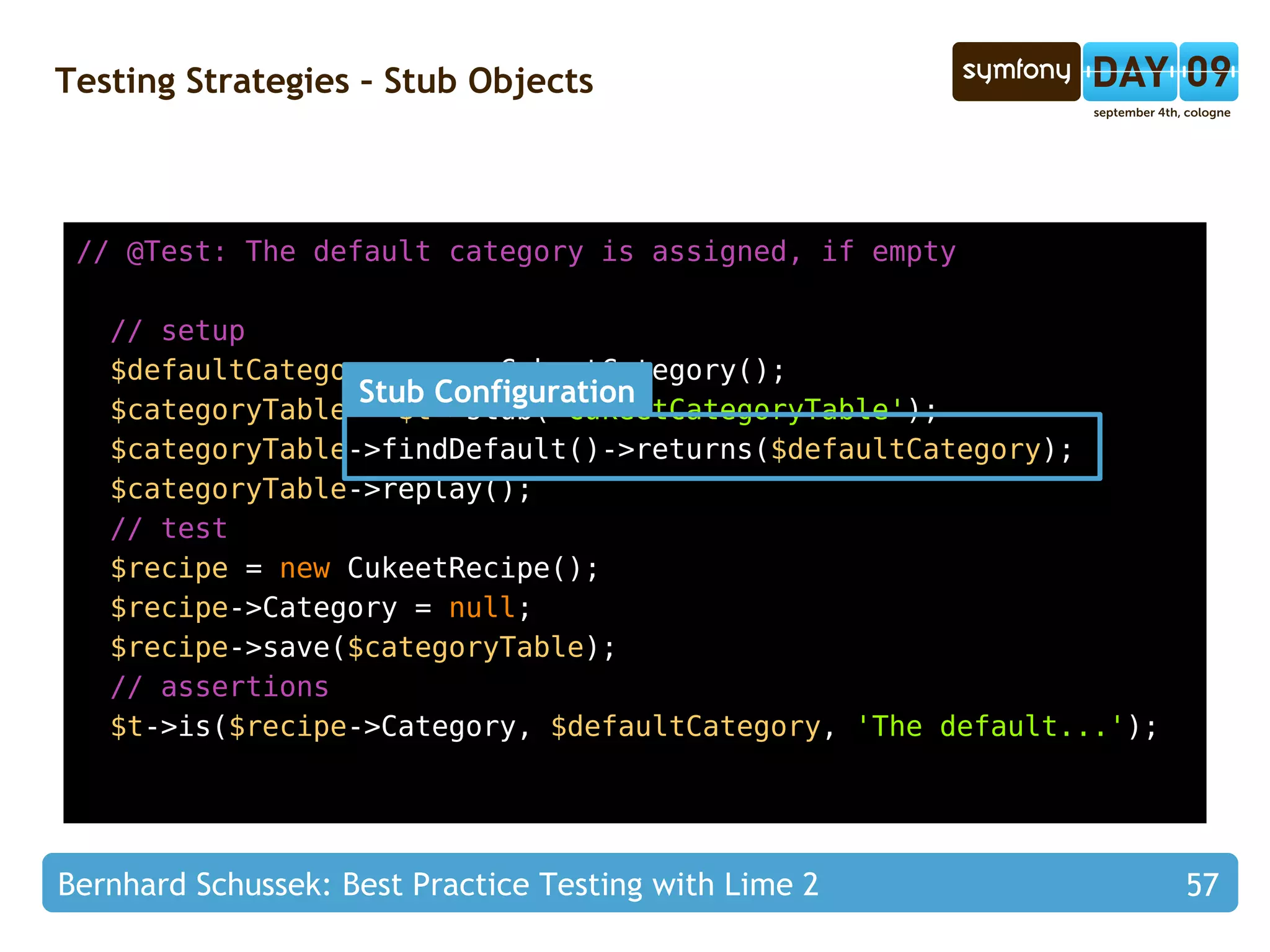 Testing Strategies – Annotations // @Before copy( 'data/fixtures/test.png' ,  'web/uploads/test.png' ); $thumbnail  =  new  CukeetThumbnail( 'web/uploads/test.png' ); // @After unlink( 'web/uploads/test.png' ); unset( $thumbnail ); // @Test: resize() resizes the thumbnail $thumbnail ->resize( 100 ,  100 ); $size  = getimagesize( $thumbnail ->getPath()); $t ->is( $size ,  array ( 100 ,  100 ),  'The image has been resized' ); 