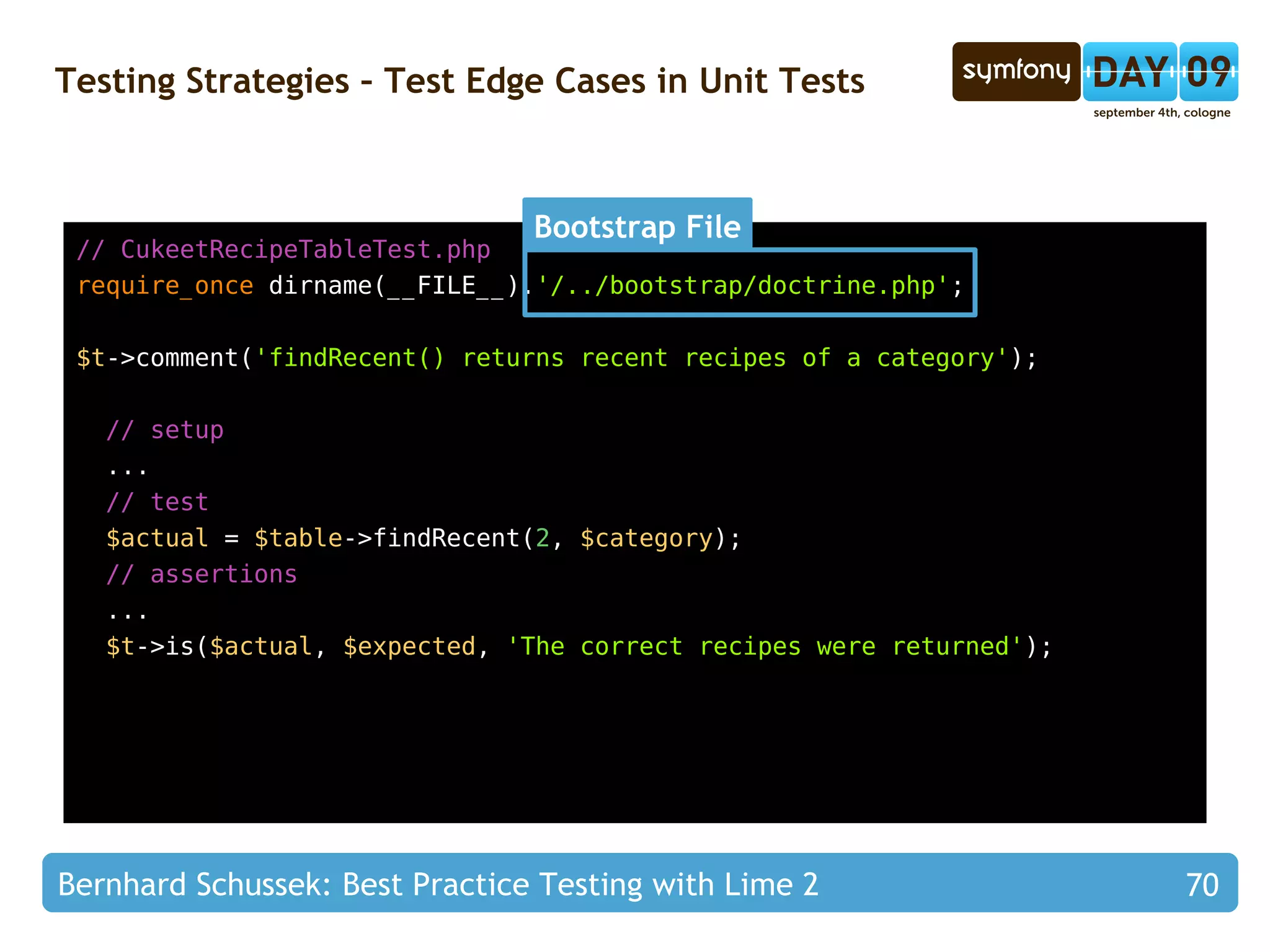 Testing Strategies – Dependency Injection Dependency Injection All dependencies of an object should be passed through method arguments Constructor Injection For required dependencies Setter Injection For optional dependencies Parameter Injection 