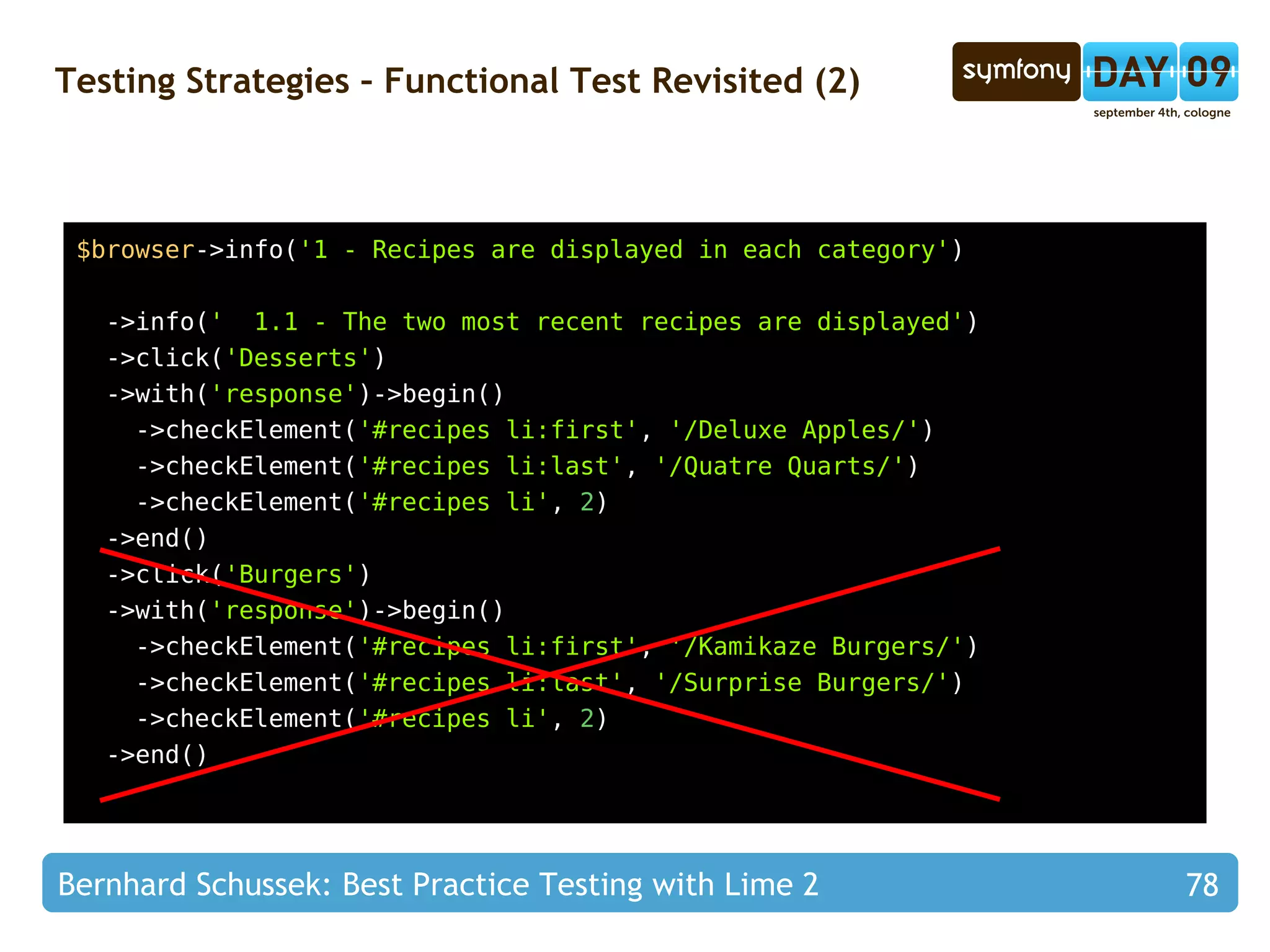 Testing Strategies – Slow Dependencies class  CukeetRecipe { public   function  save(CukeetCategoryTable  $categoryTable ) { if  (is_null( $this ->Category)) { $this ->Category =  $categoryTable ->findDefault(); } } } 