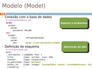 Modelo (Model)
19
    Conexão com a base de dados
     # config/databases.yml
     prod:                                             Suporte a ambientes
       propel:
         param:
           password: PAssWD
     all:
       propel:
         class:       sfPropelDatabase
         param:
           dsn:       mysql://root:@localhost/sfdemo
    Definição do esquema                                Abstração do SQL
     # config/schema.yml
     post:
      _attributes: { phpName: Post }
      title:        {type: varchar, size: 255}
      content:      {type: longvarchar}
      is_published: {type: boolean}
      author_id:    {type: integer, foreignTable: author, foreignReference: id}
      created_at:   ~
 