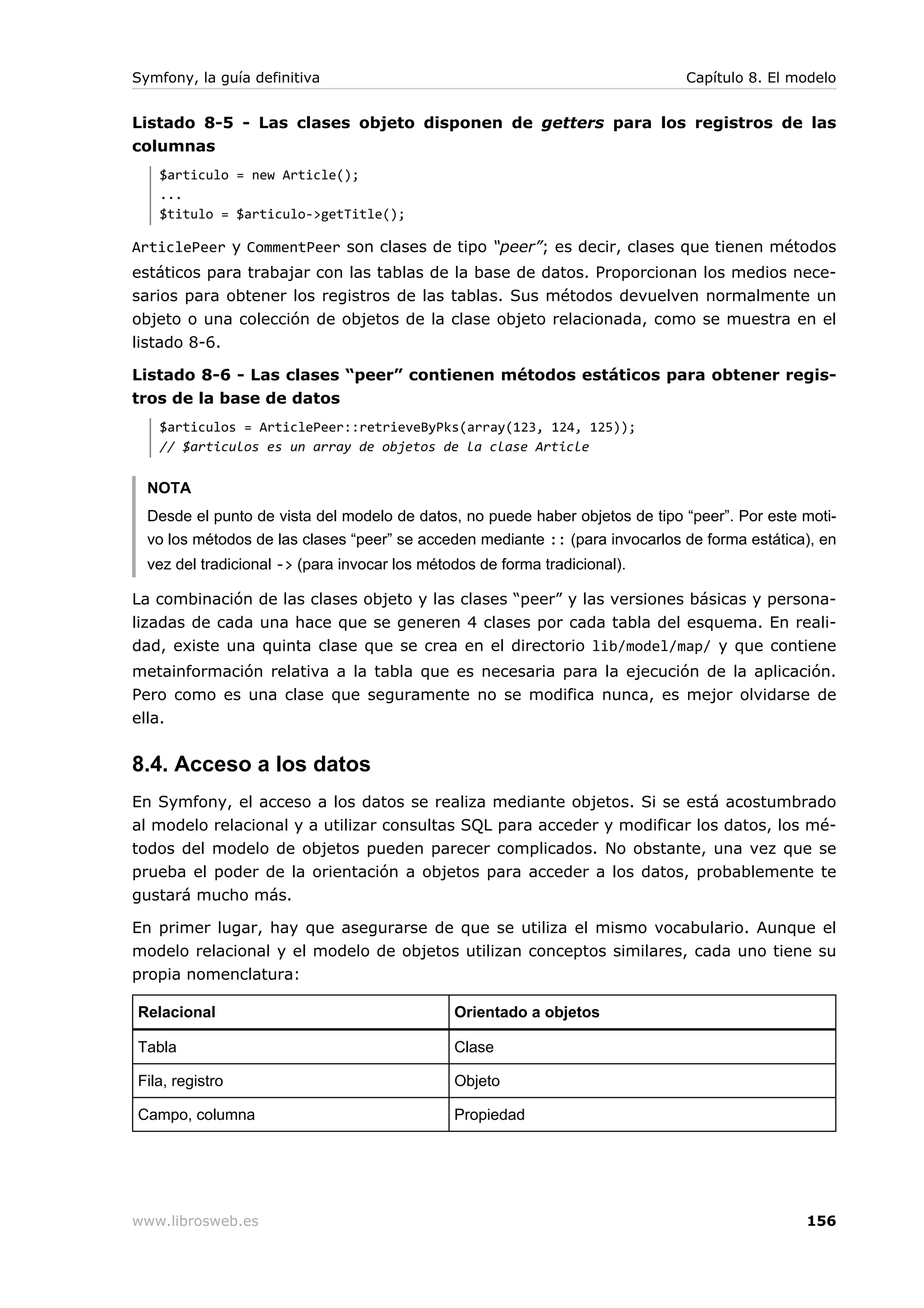 Symfony, la guía definitiva                                                   Capítulo 8. El modelo


Listado 8-5 - Las clases objeto disponen de getters para los registros de las
columnas
   $articulo = new Article();
   ...
   $titulo = $articulo->getTitle();

ArticlePeer y CommentPeer son clases de tipo “peer”; es decir, clases que tienen métodos
estáticos para trabajar con las tablas de la base de datos. Proporcionan los medios nece-
sarios para obtener los registros de las tablas. Sus métodos devuelven normalmente un
objeto o una colección de objetos de la clase objeto relacionada, como se muestra en el
listado 8-6.

Listado 8-6 - Las clases “peer” contienen métodos estáticos para obtener regis-
tros de la base de datos
   $articulos = ArticlePeer::retrieveByPks(array(123, 124, 125));
   // $articulos es un array de objetos de la clase Article


  NOTA
  Desde el punto de vista del modelo de datos, no puede haber objetos de tipo “peer”. Por este moti-
  vo los métodos de las clases “peer” se acceden mediante :: (para invocarlos de forma estática), en
  vez del tradicional -> (para invocar los métodos de forma tradicional).

La combinación de las clases objeto y las clases “peer” y las versiones básicas y persona-
lizadas de cada una hace que se generen 4 clases por cada tabla del esquema. En reali-
dad, existe una quinta clase que se crea en el directorio lib/model/map/ y que contiene
metainformación relativa a la tabla que es necesaria para la ejecución de la aplicación.
Pero como es una clase que seguramente no se modifica nunca, es mejor olvidarse de
ella.


8.4. Acceso a los datos
En Symfony, el acceso a los datos se realiza mediante objetos. Si se está acostumbrado
al modelo relacional y a utilizar consultas SQL para acceder y modificar los datos, los mé-
todos del modelo de objetos pueden parecer complicados. No obstante, una vez que se
prueba el poder de la orientación a objetos para acceder a los datos, probablemente te
gustará mucho más.

En primer lugar, hay que asegurarse de que se utiliza el mismo vocabulario. Aunque el
modelo relacional y el modelo de objetos utilizan conceptos similares, cada uno tiene su
propia nomenclatura:

Relacional                                     Orientado a objetos

Tabla                                          Clase

Fila, registro                                 Objeto

Campo, columna                                 Propiedad




www.librosweb.es                                                                               156
 