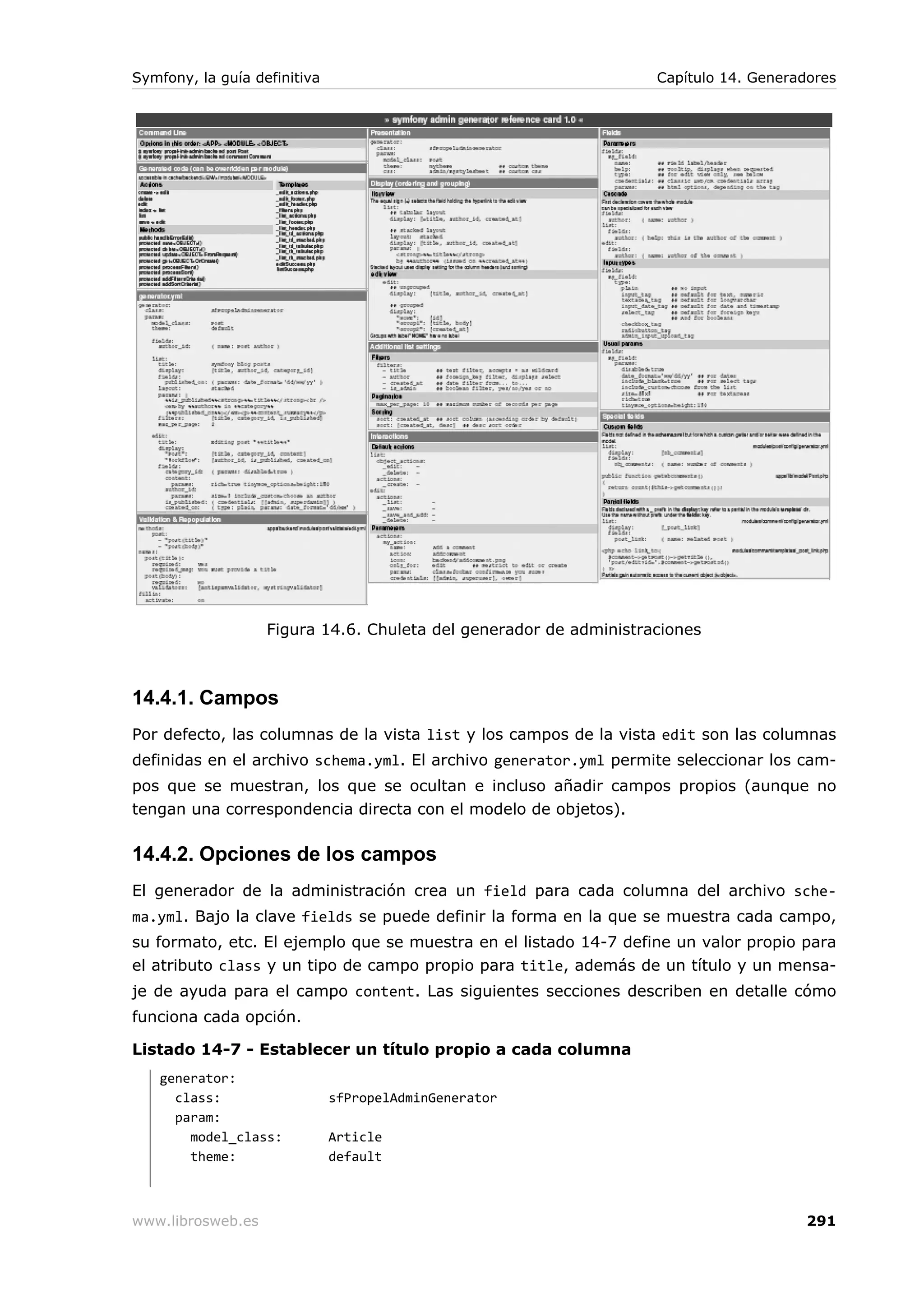 Symfony, la guía definitiva                                        Capítulo 14. Generadores




                   Figura 14.6. Chuleta del generador de administraciones



14.4.1. Campos
Por defecto, las columnas de la vista list y los campos de la vista edit son las columnas
definidas en el archivo schema.yml. El archivo generator.yml permite seleccionar los cam-
pos que se muestran, los que se ocultan e incluso añadir campos propios (aunque no
tengan una correspondencia directa con el modelo de objetos).

14.4.2. Opciones de los campos
El generador de la administración crea un field para cada columna del archivo sche-
ma.yml. Bajo la clave fields se puede definir la forma en la que se muestra cada campo,
su formato, etc. El ejemplo que se muestra en el listado 14-7 define un valor propio para
el atributo class y un tipo de campo propio para title, además de un título y un mensa-
je de ayuda para el campo content. Las siguientes secciones describen en detalle cómo
funciona cada opción.

Listado 14-7 - Establecer un título propio a cada columna
   generator:
     class:                   sfPropelAdminGenerator
     param:
       model_class:           Article
       theme:                 default



www.librosweb.es                                                                       291
 