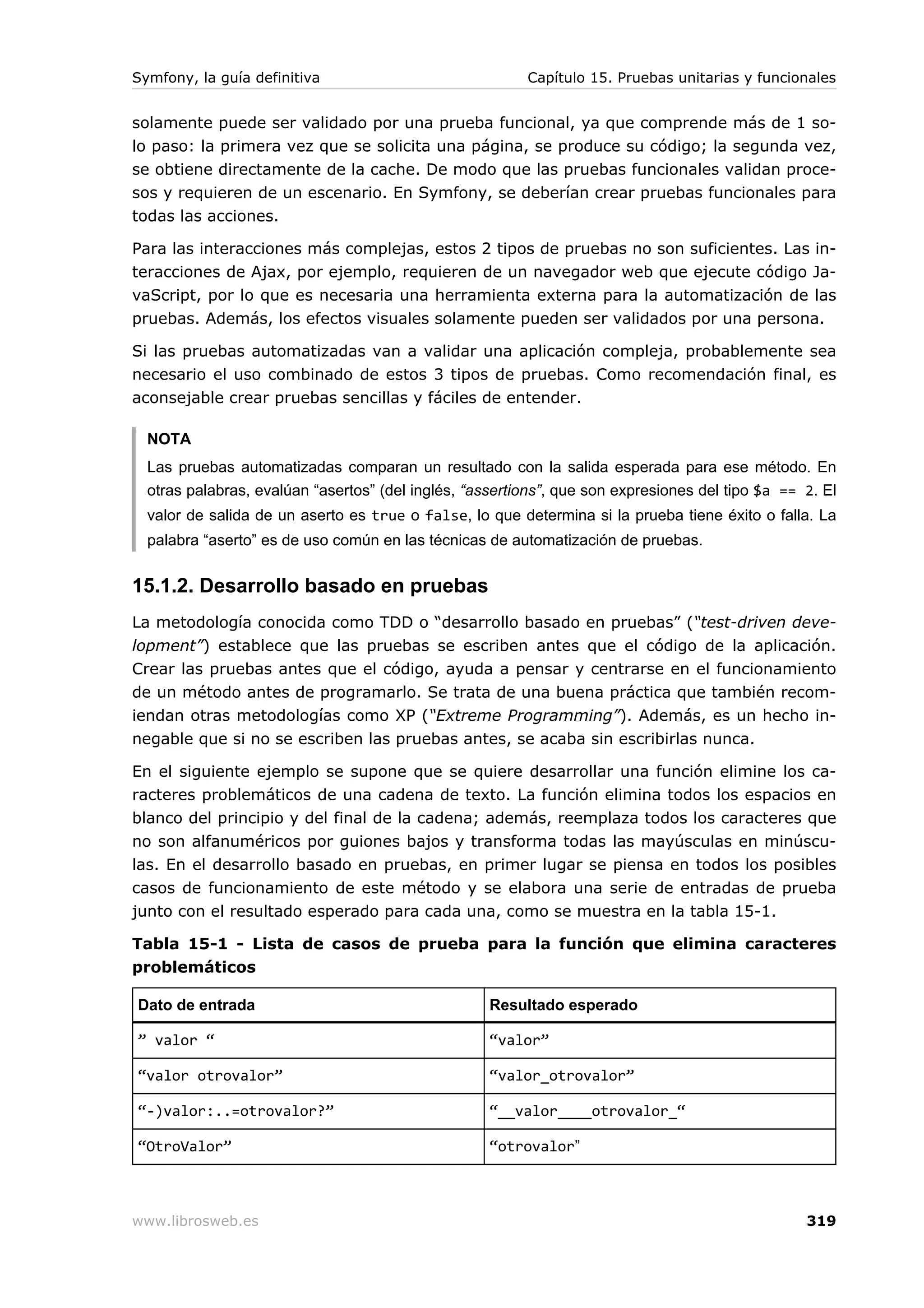 Symfony, la guía definitiva                              Capítulo 15. Pruebas unitarias y funcionales


solamente puede ser validado por una prueba funcional, ya que comprende más de 1 so-
lo paso: la primera vez que se solicita una página, se produce su código; la segunda vez,
se obtiene directamente de la cache. De modo que las pruebas funcionales validan proce-
sos y requieren de un escenario. En Symfony, se deberían crear pruebas funcionales para
todas las acciones.

Para las interacciones más complejas, estos 2 tipos de pruebas no son suficientes. Las in-
teracciones de Ajax, por ejemplo, requieren de un navegador web que ejecute código Ja-
vaScript, por lo que es necesaria una herramienta externa para la automatización de las
pruebas. Además, los efectos visuales solamente pueden ser validados por una persona.

Si las pruebas automatizadas van a validar una aplicación compleja, probablemente sea
necesario el uso combinado de estos 3 tipos de pruebas. Como recomendación final, es
aconsejable crear pruebas sencillas y fáciles de entender.

  NOTA
  Las pruebas automatizadas comparan un resultado con la salida esperada para ese método. En
  otras palabras, evalúan “asertos” (del inglés, “assertions”, que son expresiones del tipo $a == 2. El
  valor de salida de un aserto es true o false, lo que determina si la prueba tiene éxito o falla. La
  palabra “aserto” es de uso común en las técnicas de automatización de pruebas.


15.1.2. Desarrollo basado en pruebas
La metodología conocida como TDD o “desarrollo basado en pruebas” (“test-driven deve-
lopment”) establece que las pruebas se escriben antes que el código de la aplicación.
Crear las pruebas antes que el código, ayuda a pensar y centrarse en el funcionamiento
de un método antes de programarlo. Se trata de una buena práctica que también recom-
iendan otras metodologías como XP (“Extreme Programming”). Además, es un hecho in-
negable que si no se escriben las pruebas antes, se acaba sin escribirlas nunca.

En el siguiente ejemplo se supone que se quiere desarrollar una función elimine los ca-
racteres problemáticos de una cadena de texto. La función elimina todos los espacios en
blanco del principio y del final de la cadena; además, reemplaza todos los caracteres que
no son alfanuméricos por guiones bajos y transforma todas las mayúsculas en minúscu-
las. En el desarrollo basado en pruebas, en primer lugar se piensa en todos los posibles
casos de funcionamiento de este método y se elabora una serie de entradas de prueba
junto con el resultado esperado para cada una, como se muestra en la tabla 15-1.

Tabla 15-1 - Lista de casos de prueba para la función que elimina caracteres
problemáticos

Dato de entrada                                     Resultado esperado

” valor “                                           “valor”

“valor otrovalor”                                   “valor_otrovalor”

“-)valor:..=otrovalor?”                             “__valor____otrovalor_“

“OtroValor”                                         “otrovalor”



www.librosweb.es                                                                                  319
 